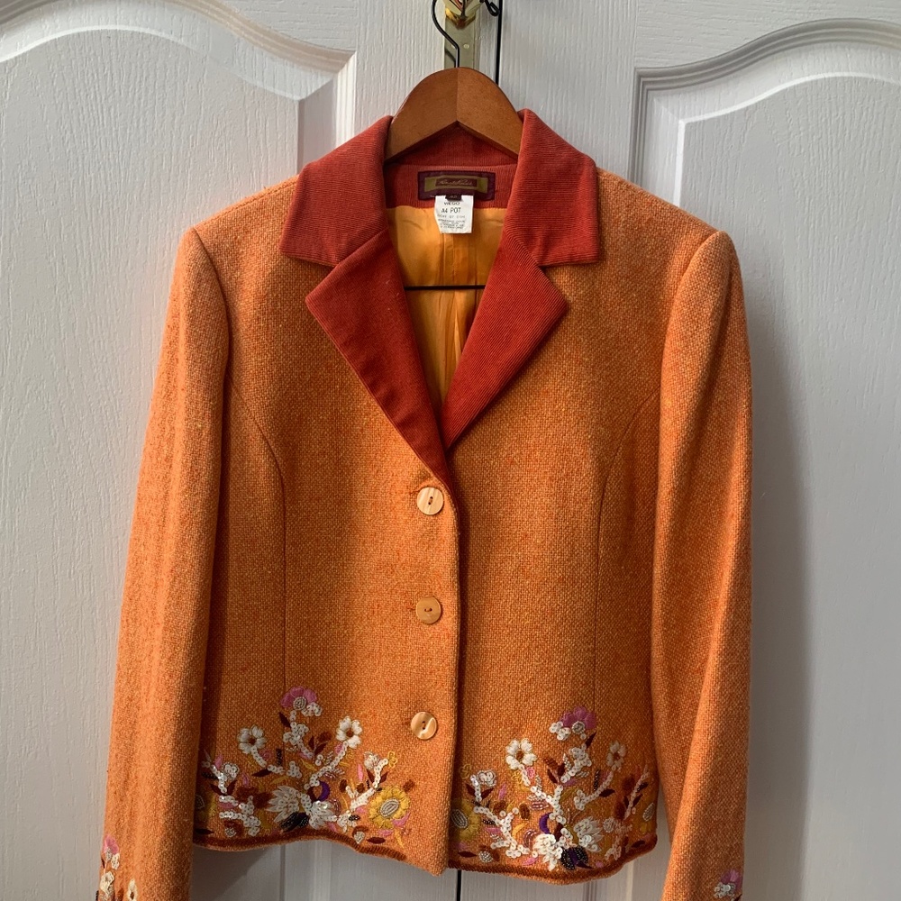 French 2 Piece Ladies Tweed Beaded Detail Dress Suit Sz. 42